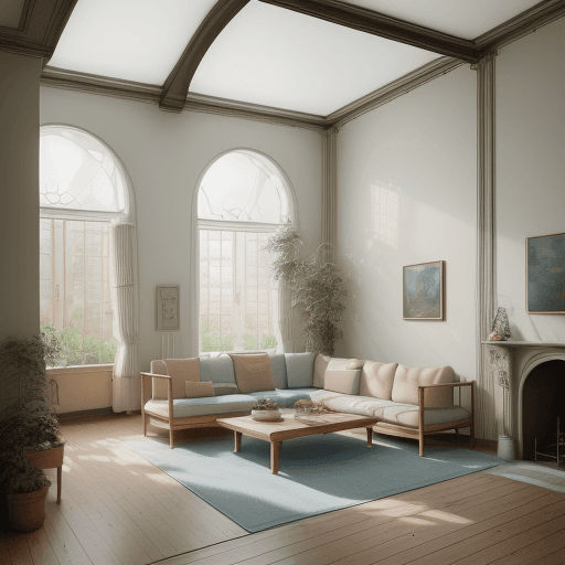 AI generated: High resolution photography interior design, dreamy sunken living room conversation pit, wooden floo...