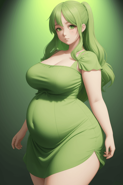 AI generated: young lady, chubby, belly, tight light green dress, anime style, high detail, animated