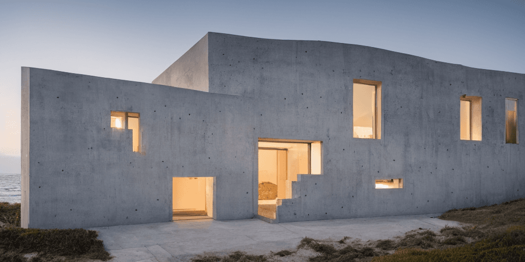 AI generated: an 8K, hyper realistic photo of a beautiful house where edges are made of concrete and most of the w...