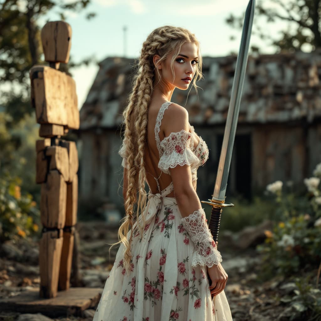 AI generated: full body view of A very beautiful minute blonde woman with braids, flowery dress, barefoot (((show ...