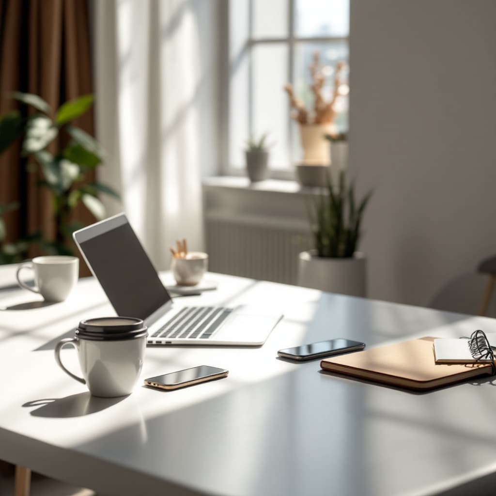 AI generated: A sleek, minimalist office workspace bathed in natural sunlight, featuring a modern desk setup with ...