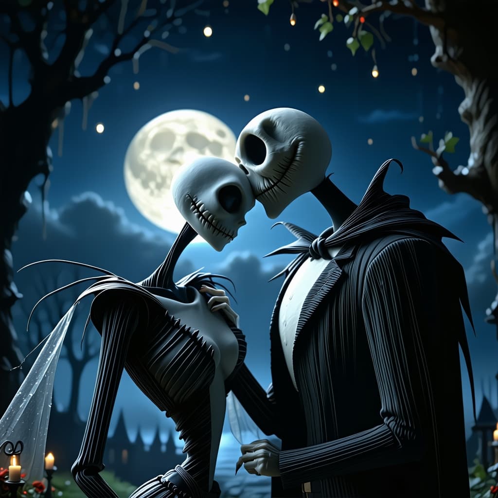 AI generated: Nightmare before Christmas,love scene,romantic embrace.beautiful, 8k