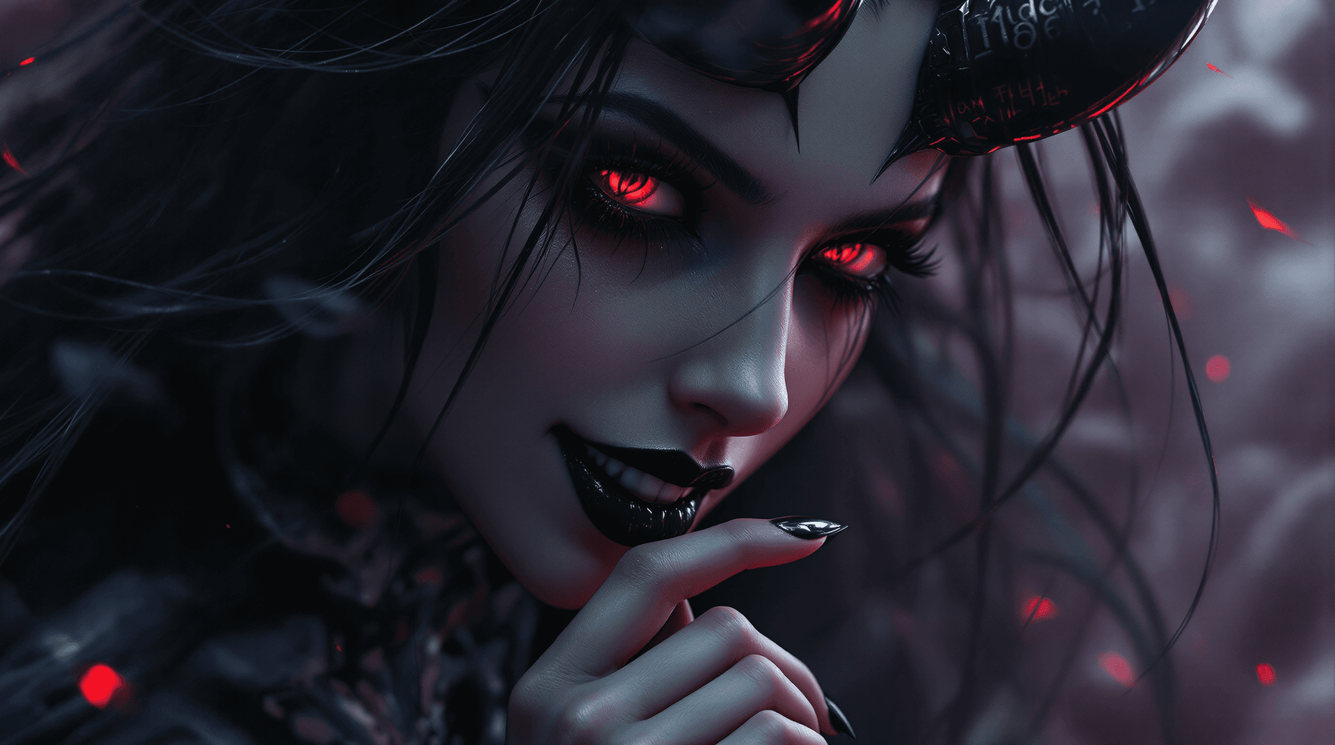 AI generated: A Coverart art  A seductive female demon queen in a dramatic close-up portrait, reminiscent of Beksi...