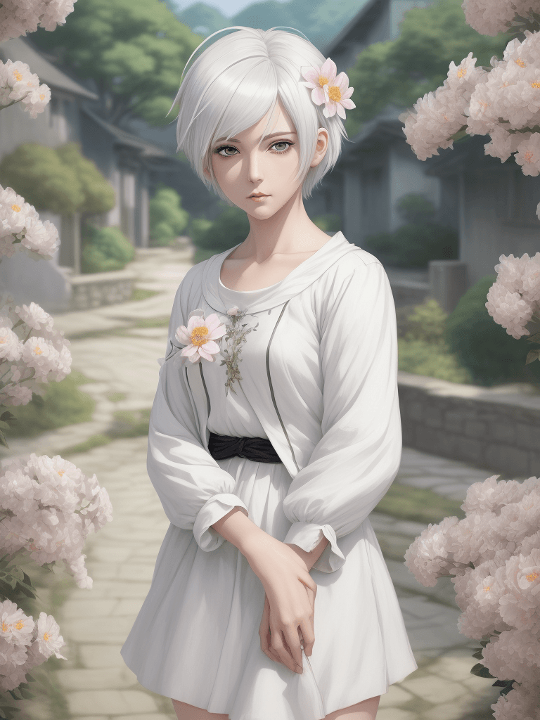 AI generated: masterpiece, photorealistic anime, white hair, (short hair), flower ornament hair, casual clothes, c...