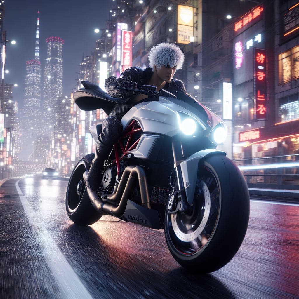 AI generated: Akira riding his motorcycle a Ducati Diavel, through neo-Tokyo, CG software Maya, V-Ray, Nuke, Unrea...