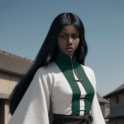 AI generated: bauhaus style clothe, big clothes, cool anime style, character, village center background, medieval ...
