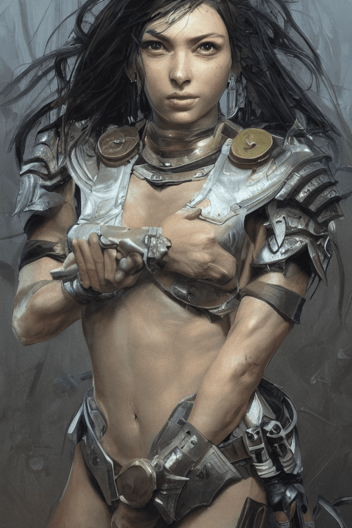 AI generated: a professional painting of a beautiful young female, partially clothed in battle armor, olive skin, ...