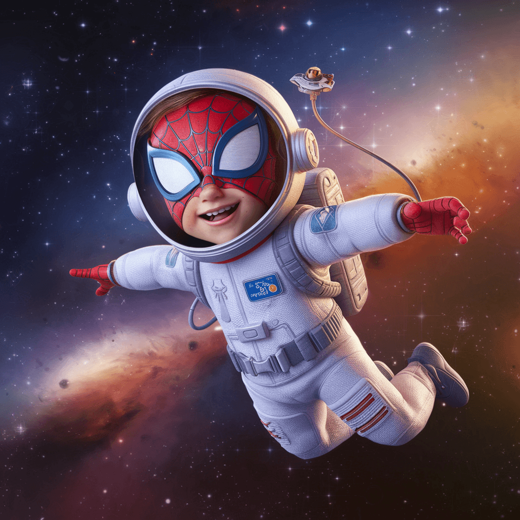 AI generated: "Create a Pixar-style 3D digital illustration of a 3-4-year-old child exploring space. The child is ...