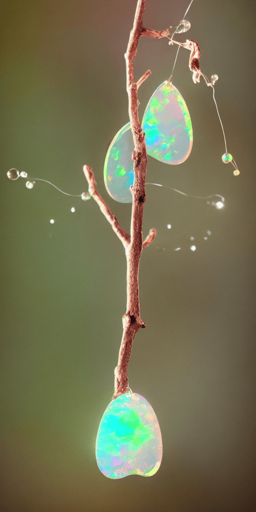 AI generated: a delicate apple made of opal hung on branch in the early morning light, adorned with glistening dew...