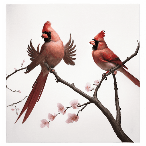 AI generated: A pair of male and female cardinals perched on a blossoming branch, with detailed, lifelike watercol...