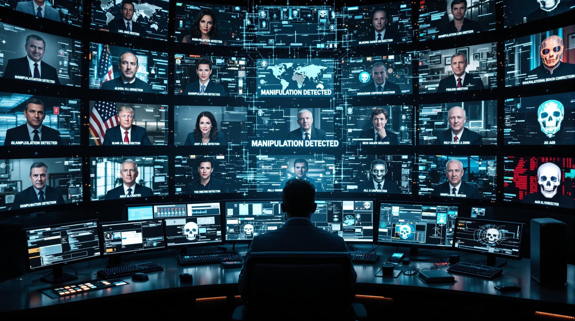 AI generated: AI control room with 100+ monitors showing world leaders, 73% screens glitching with skull symbols, ...