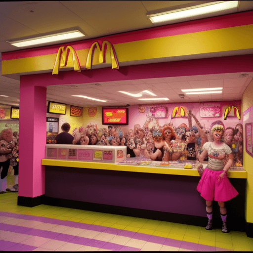 AI generated: 90's rave full of alternative people inside a McDonald's.