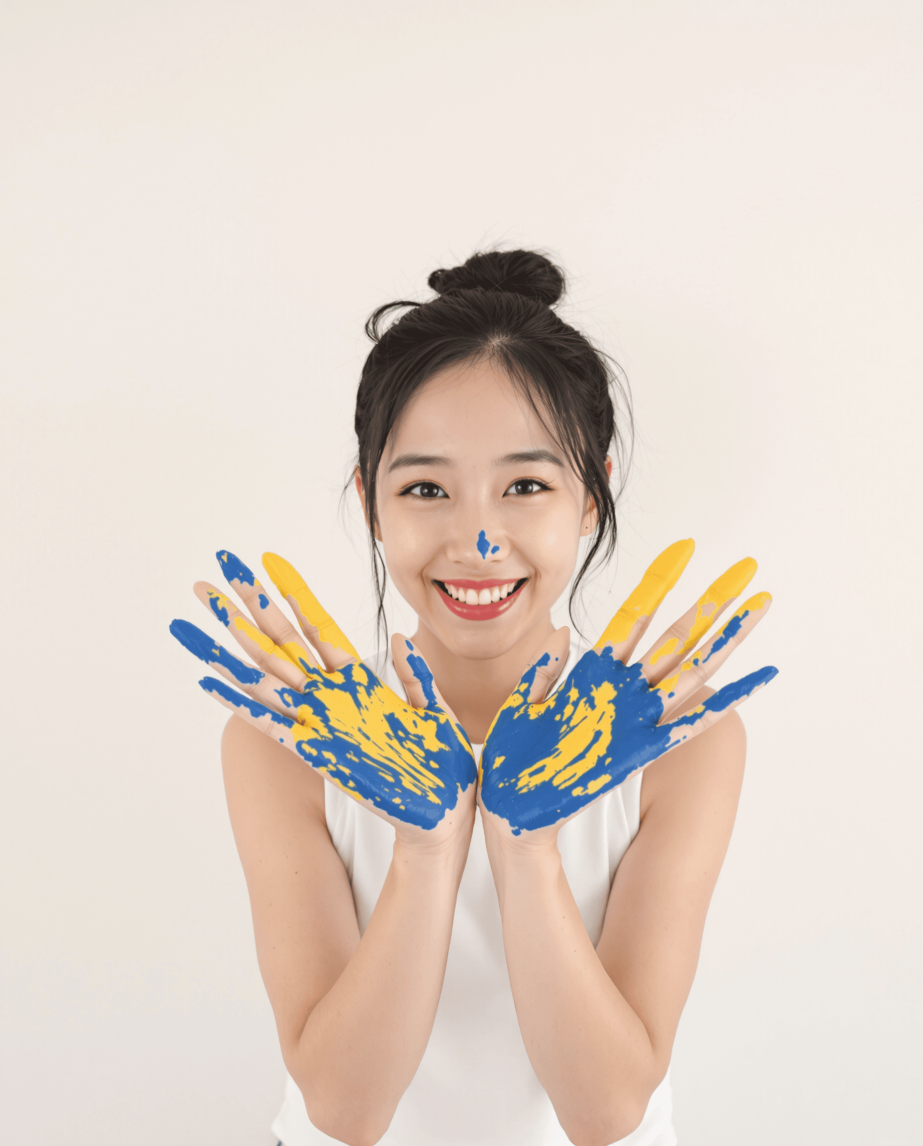 AI generated: The image features a young chineswoman with dark hair tied in a bun, wearing a white sleeveless top....