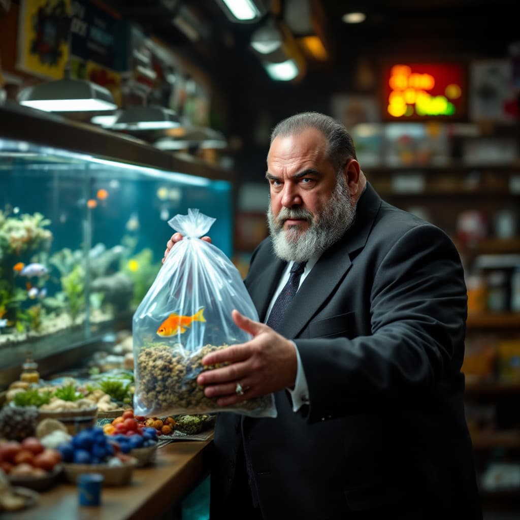 AI generated: 
create a picture where Tony Soprano from the TV series Tony Soprano in an aquarium store gives an a...
