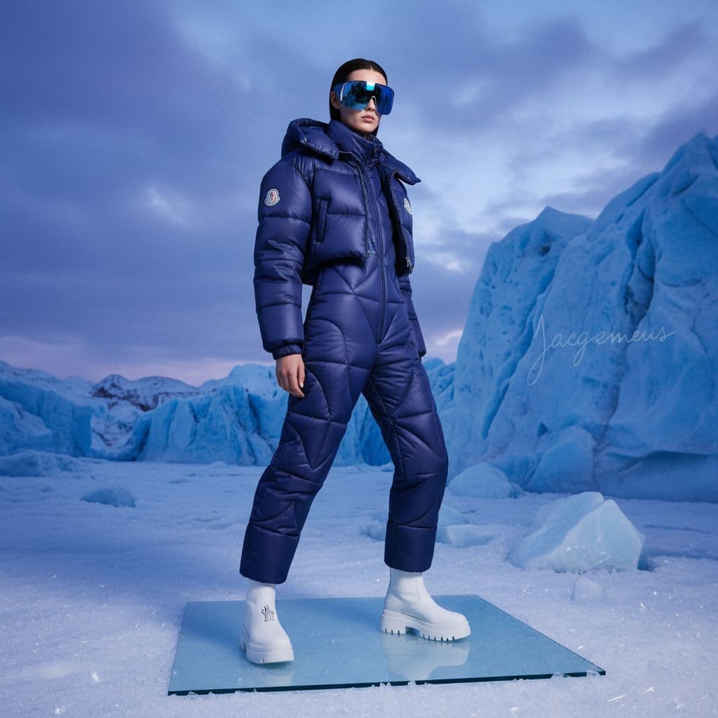 AI generated: Fashion shoot, Jacquemus and Moncler collaboration: dark blue translucent futuristic sunglasses, hyp...
