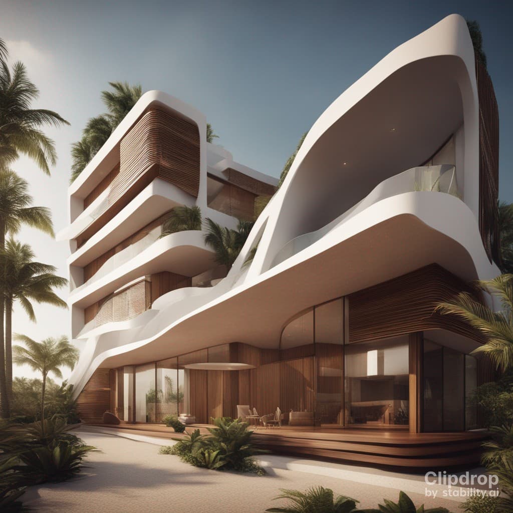 AI generated: Stylish modern building with smooth facade lines design in African patterns:: ultra modern::1 tropic...