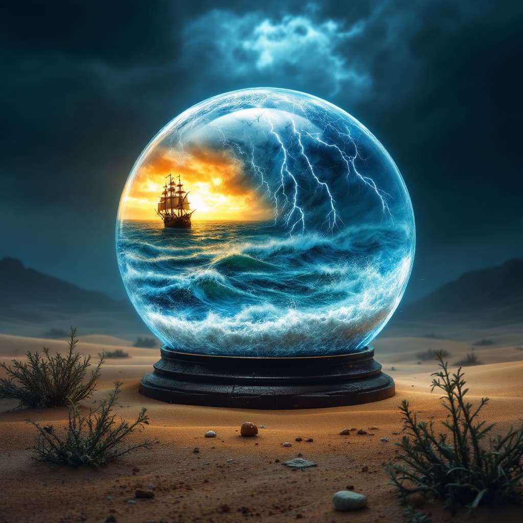 AI generated: snow globe (shaped like a cube) , on the desert floor, there is a monstrous storm inside with a gall...