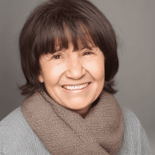 AI generated: A portrait photograph of an older woman with short dark brown hair featuring blunt bangs, positioned...