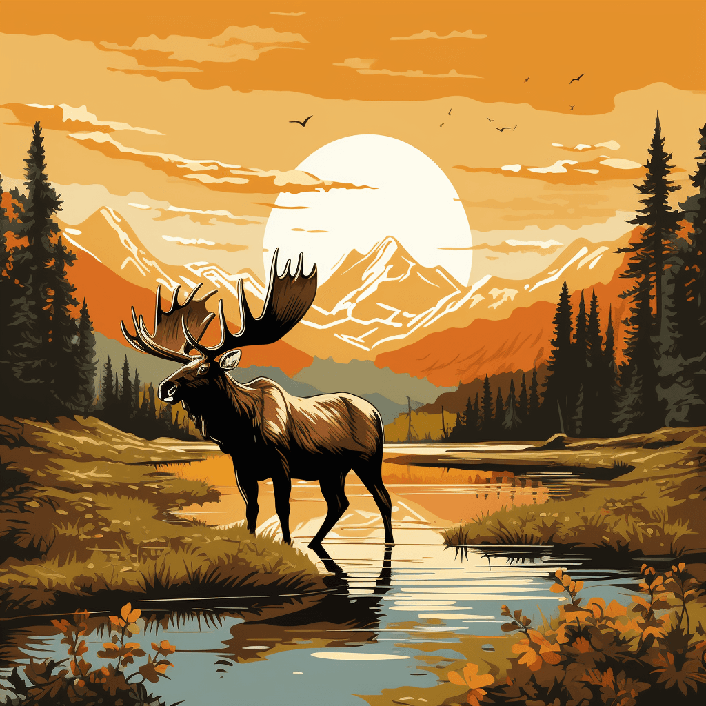 AI generated: cartoon of grand teton national park with a moose in the meadow in the style of warm color palette, ...