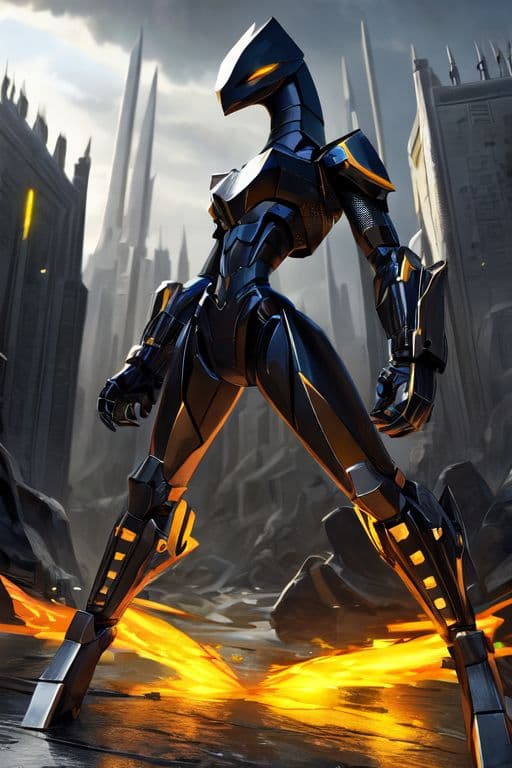 AI generated: The central figure is a large blocky angular humanoid machine made of dark metal etched with panel s...