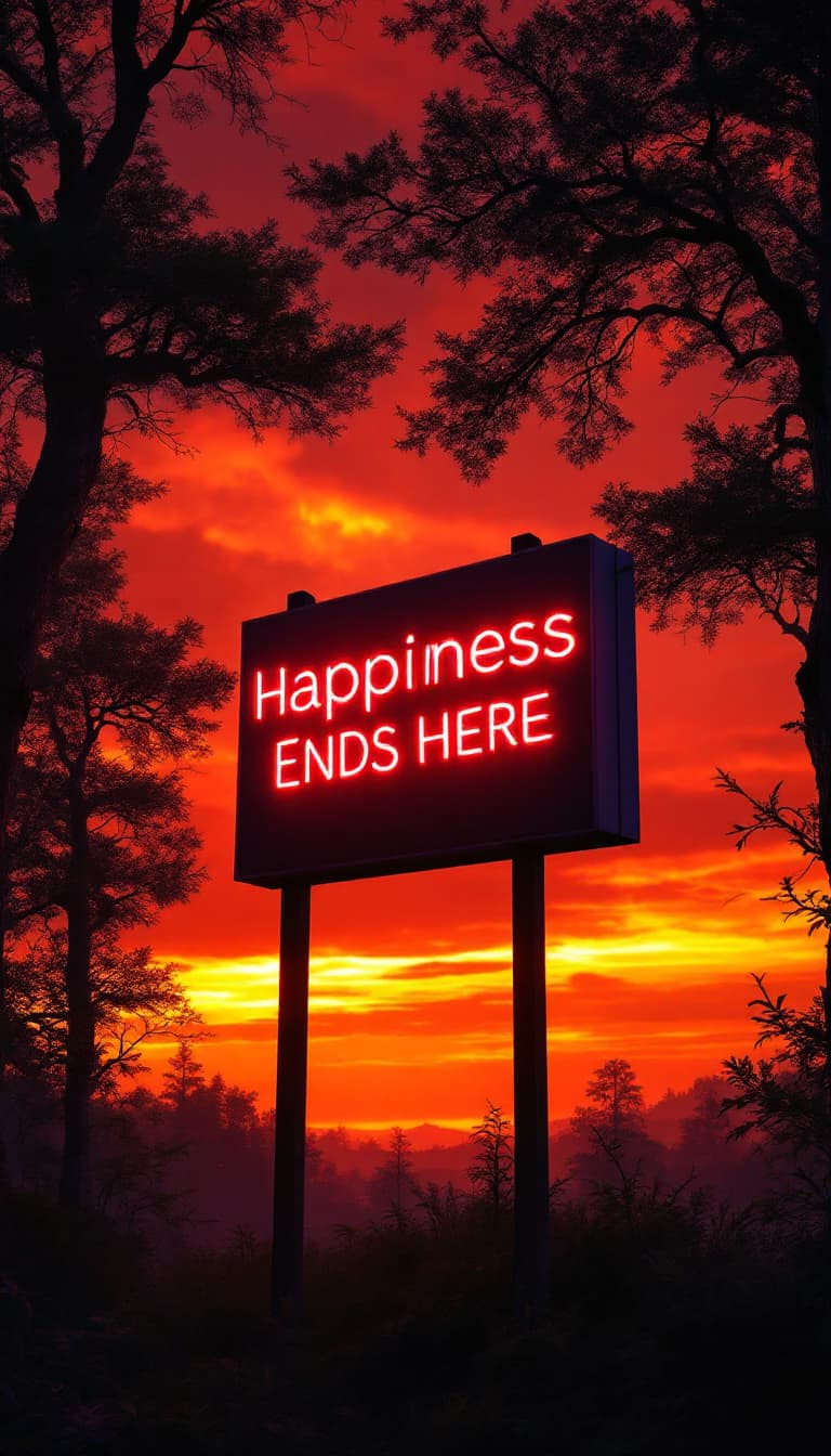 AI generated: An ultra-realistic scene inspired by Caspar David Friedrich, showing a lone signboard reading "Happi...
