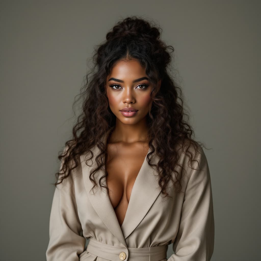 AI generated: A 26-year-old biracial woman (Black and White) with caramel skin and long curly hair pulled into a h...