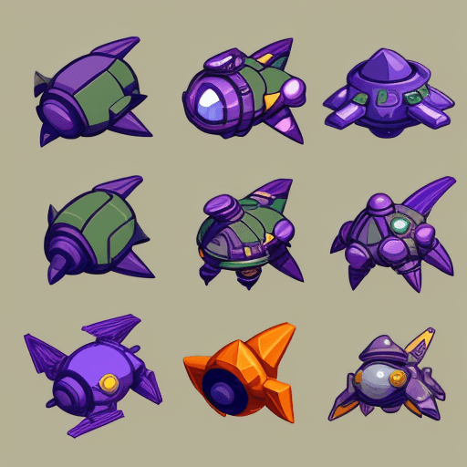 AI generated: game sprite sheet space ships , collection sheet, retro, low poly art, 2d game sprite, asset store 2...