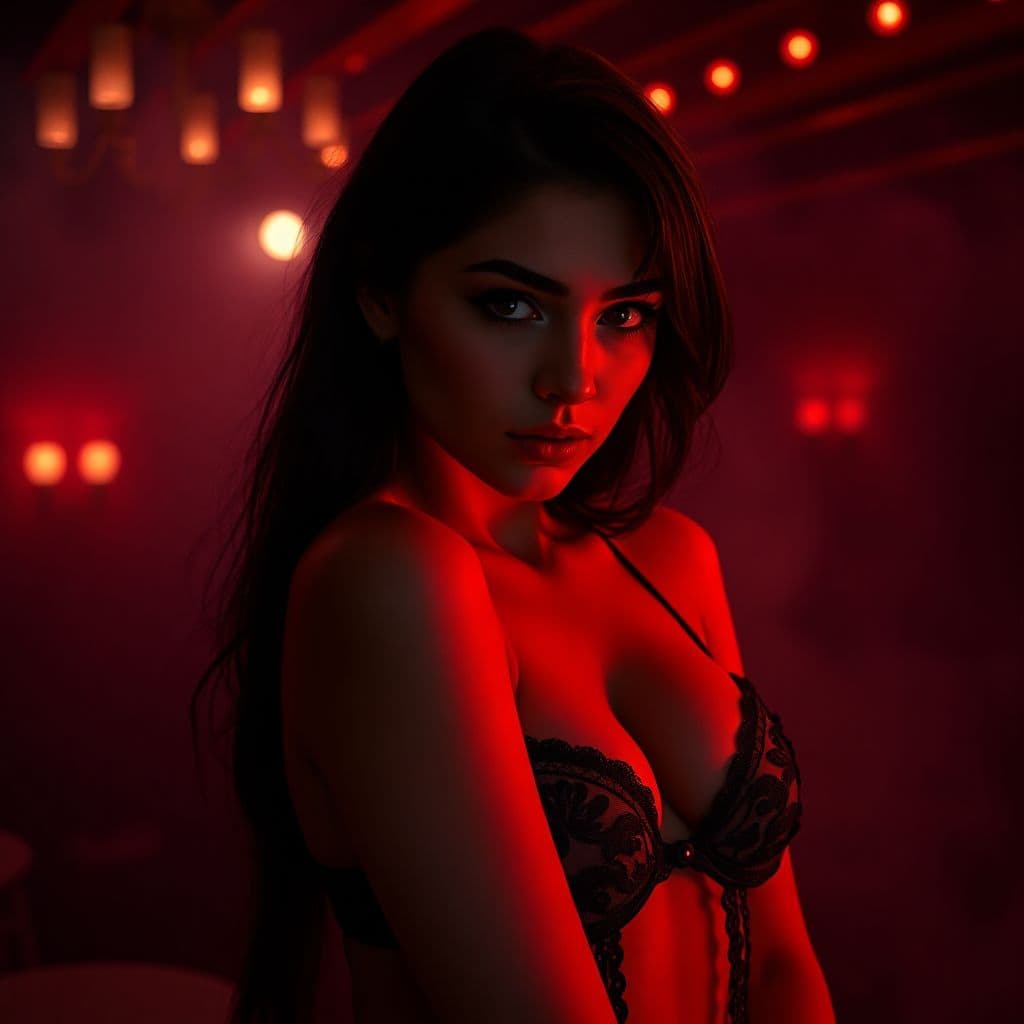 AI generated: RAW photo, low key, cinematic composition, Moulin Rouge, cabaret style, burlesque, photograph of a g...