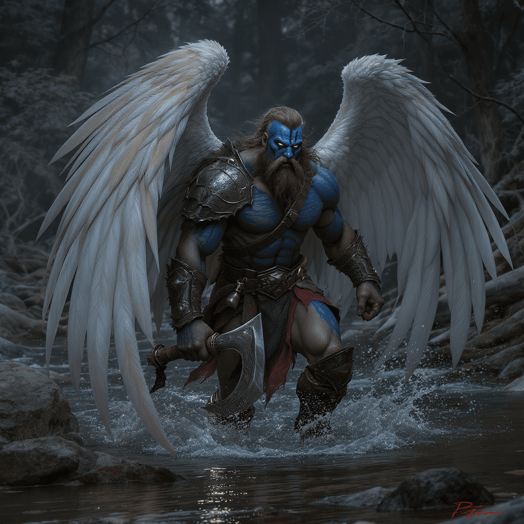 AI generated: Full body shot of a barbarian warrior wearing blue face paint and, holding a battle axe, blue eyes ,...