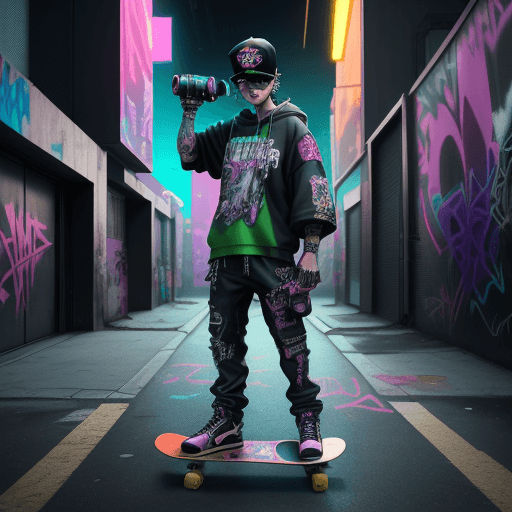 AI generated: Cyberpunk style, a cat standing on a skateboard, wearing a backwards baseball cap and holding a boom...