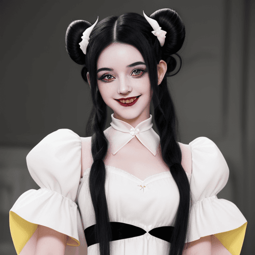 AI generated: YoungTiefling woman with a pastel dress, long white and black hair with two side buns and black horn...