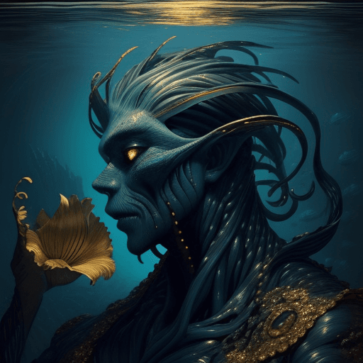 AI generated: A deep ocean monster with a golden iris that is one-third the width of his head, a mysterious, very ...