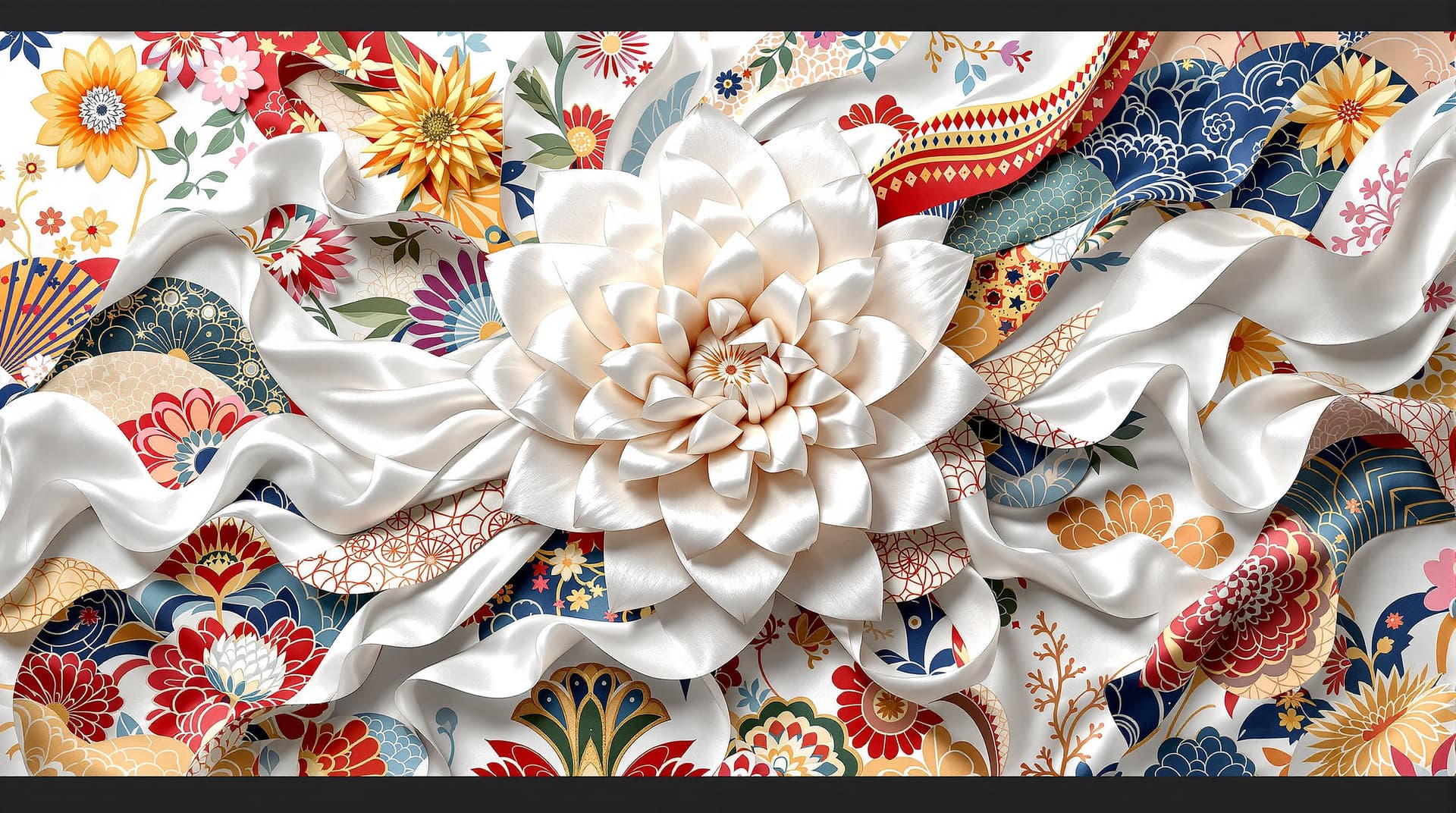 AI generated:   a work of art in glossy satin silk fabric, hyper realistic curly long ribbons, a white chrysanthem...