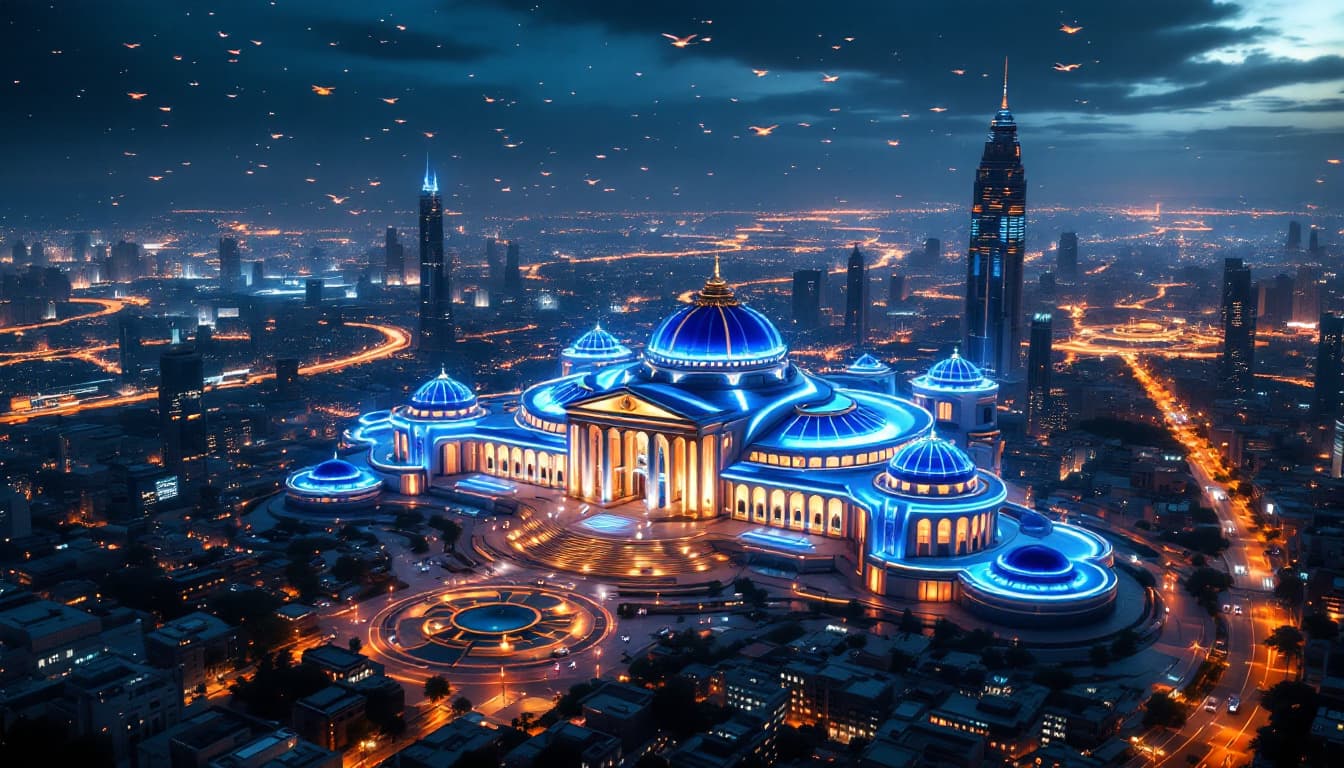 AI generated: The Central bank as seen from high above : this imposing building stands in the busy center of a fut...
