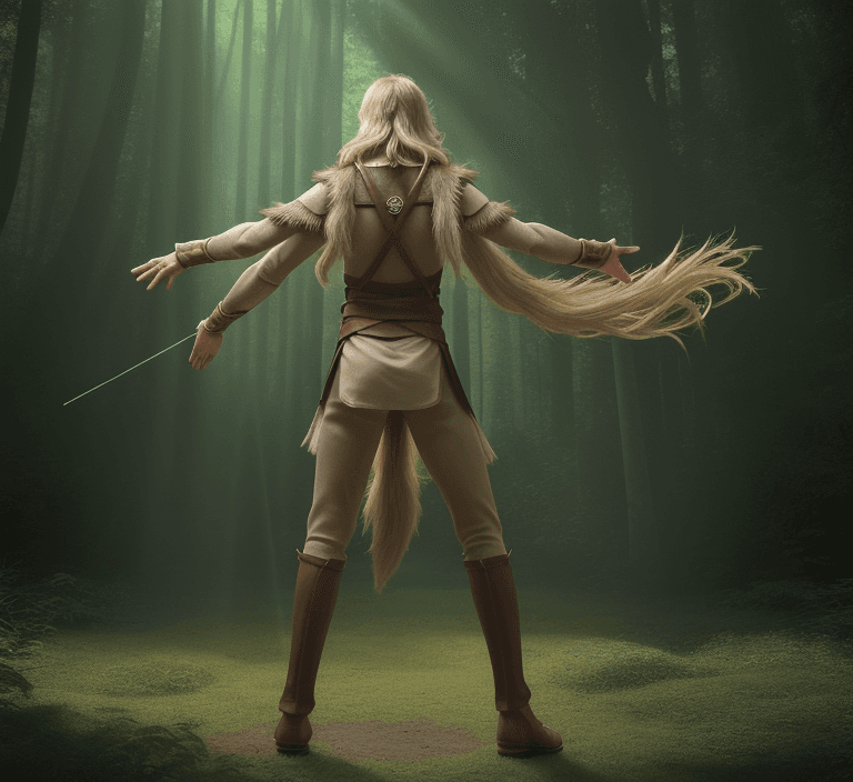 AI generated: high detailed professional full body photo in dynamic pose of a young half-elf archer seen from behi...