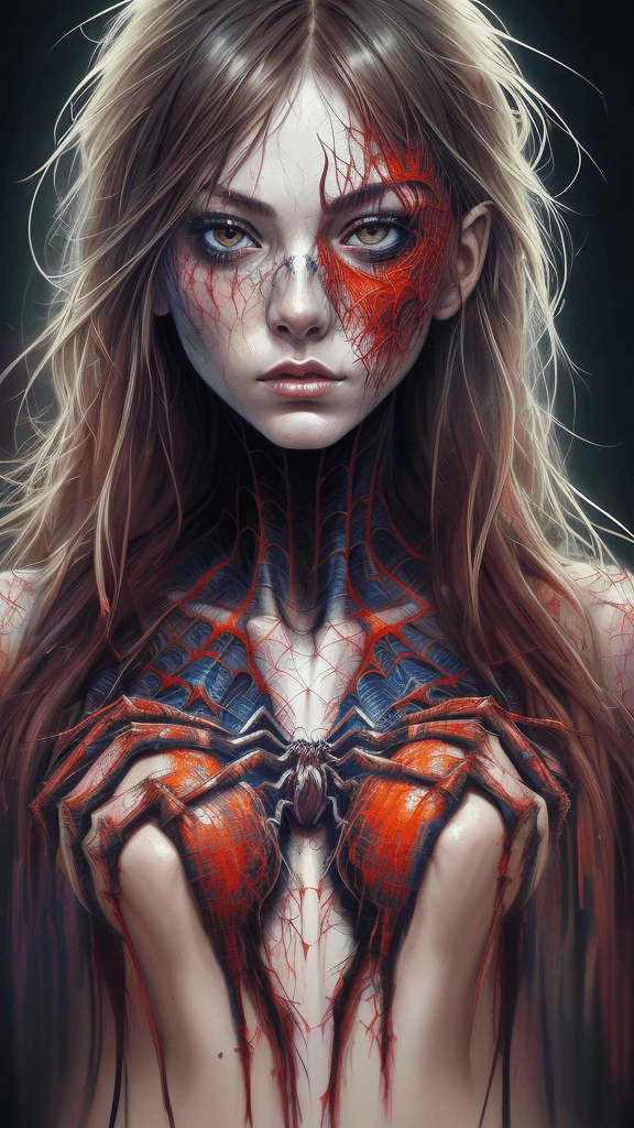 AI generated: Art by Carne Griffiths, Spider-Girl, perfect face, perfect body, Knitting clothes, perfect digital p...