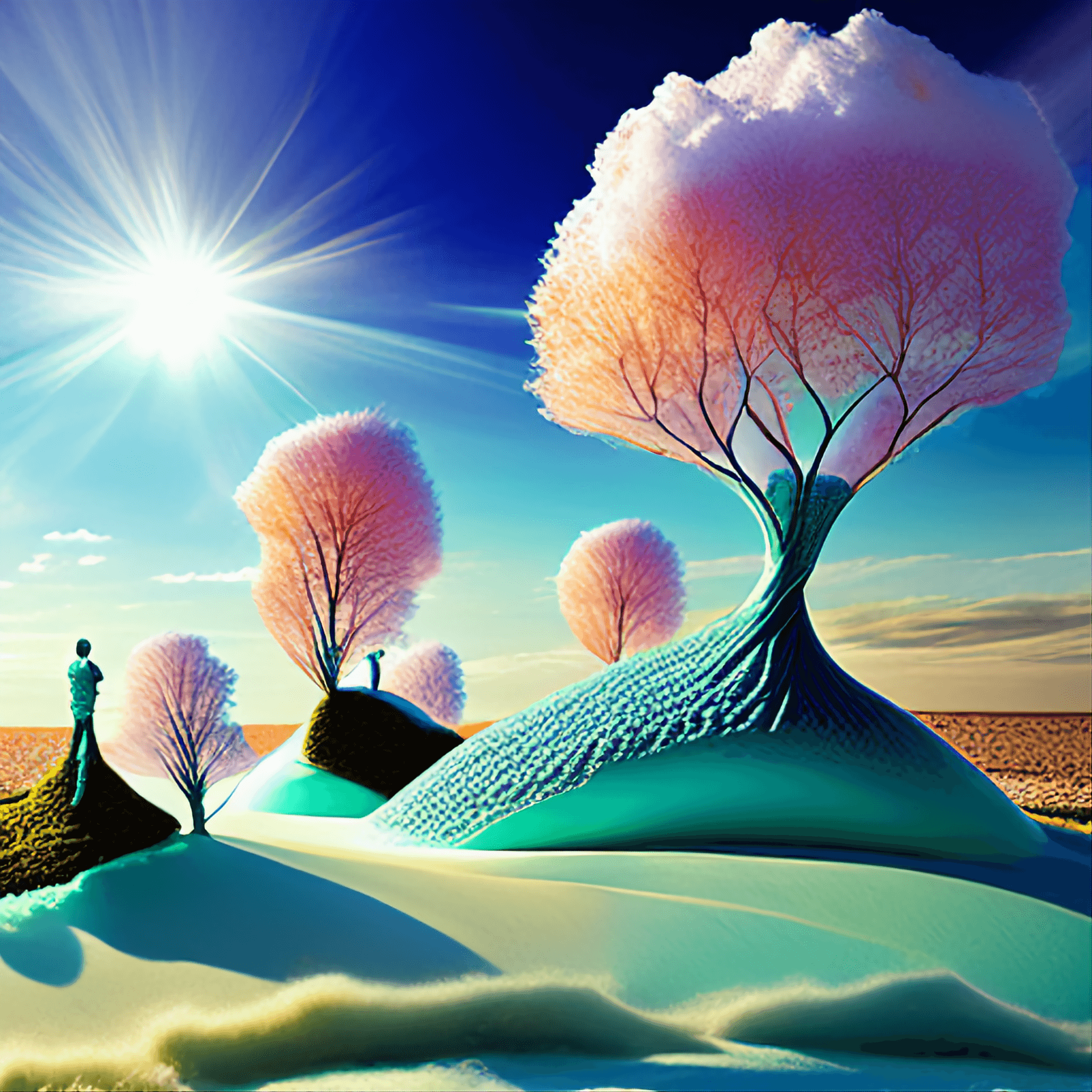 AI generated: Surealism image of a Landscape,Desert,trees,beautiful, lensflare, 4 k
