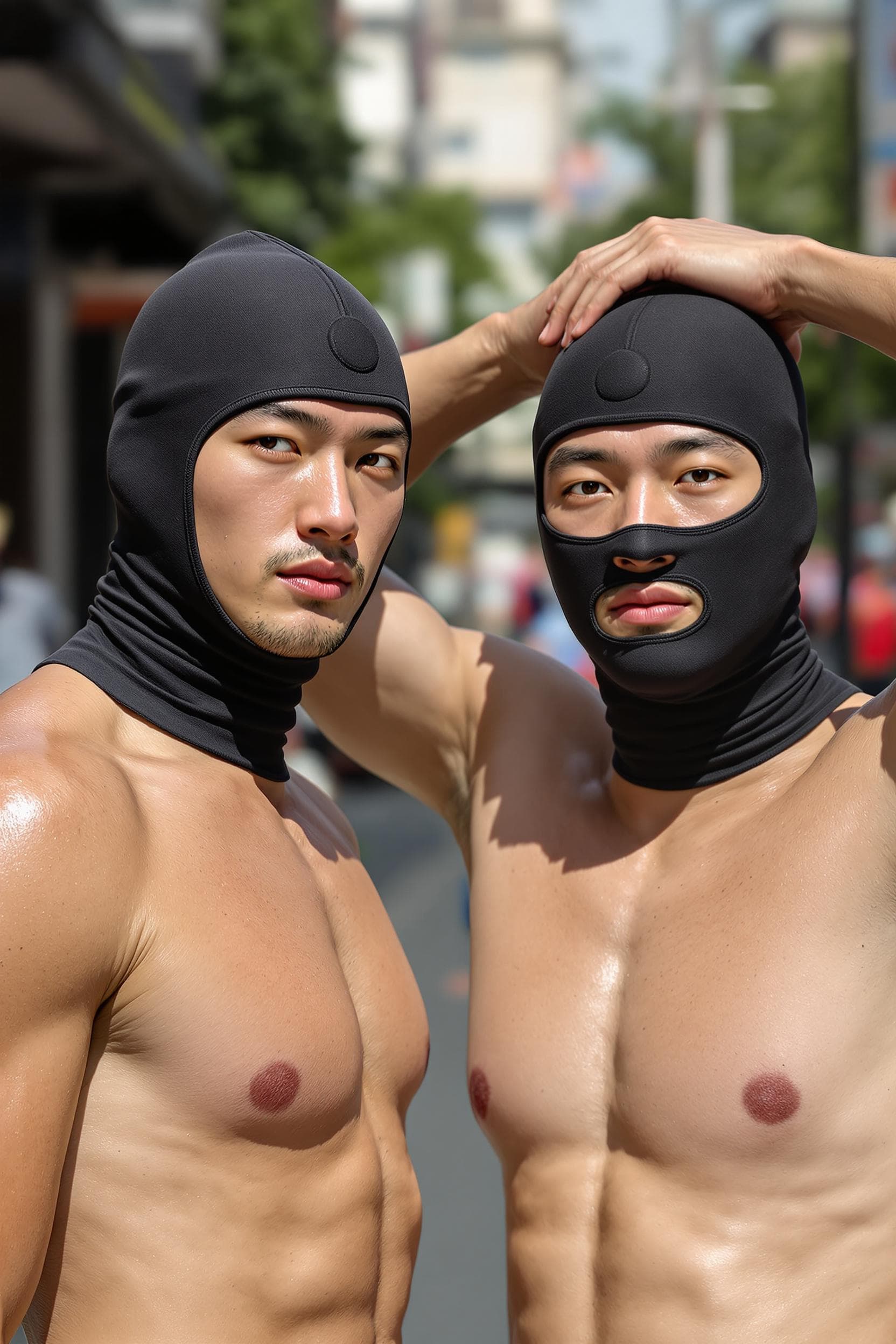 AI generated: Two male Asian born Chinese swimmers strong wearing compression jammers on a street in day times. Th...