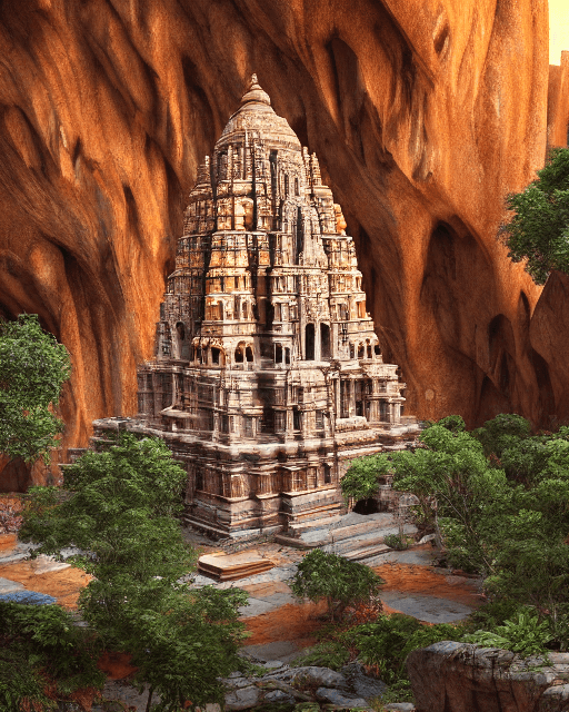 AI generated: A Hindu temple inside a stunning city of granite inside a lapis lazuli canyon, foliage speckled and ...