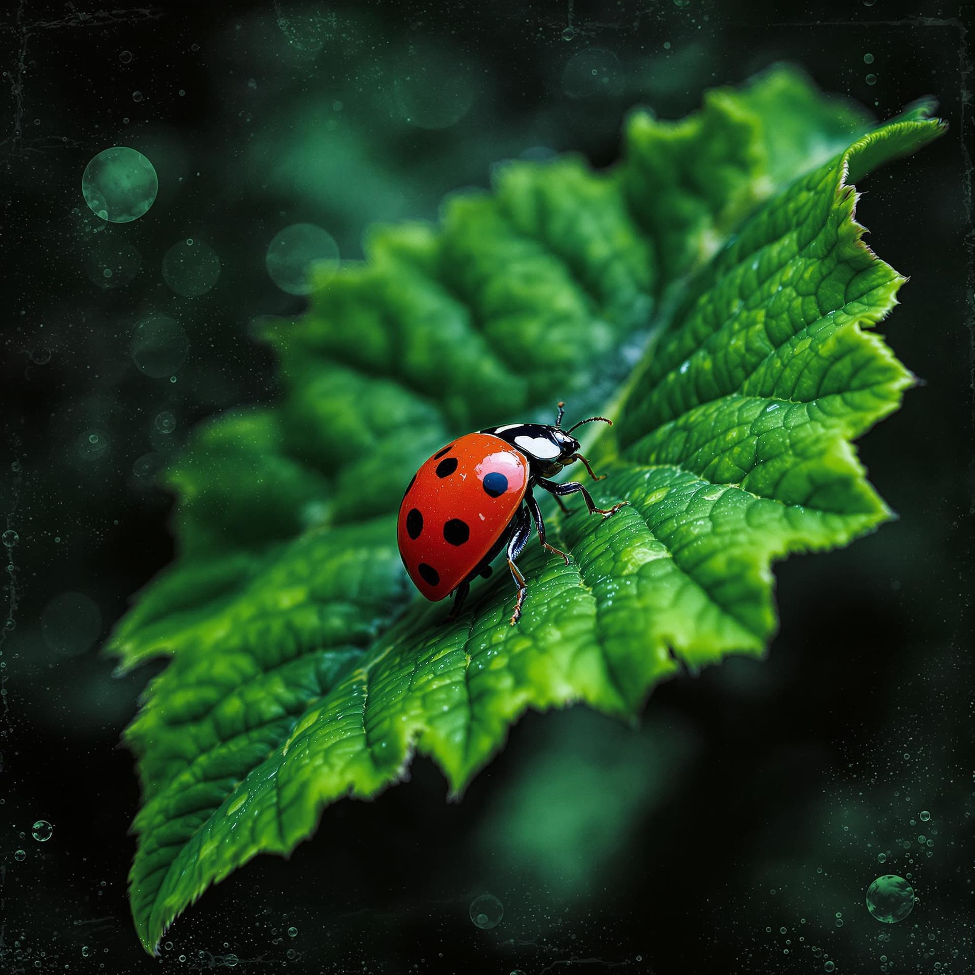 AI generated: A ladybug sitting on a beautiful green leaf with a scary background