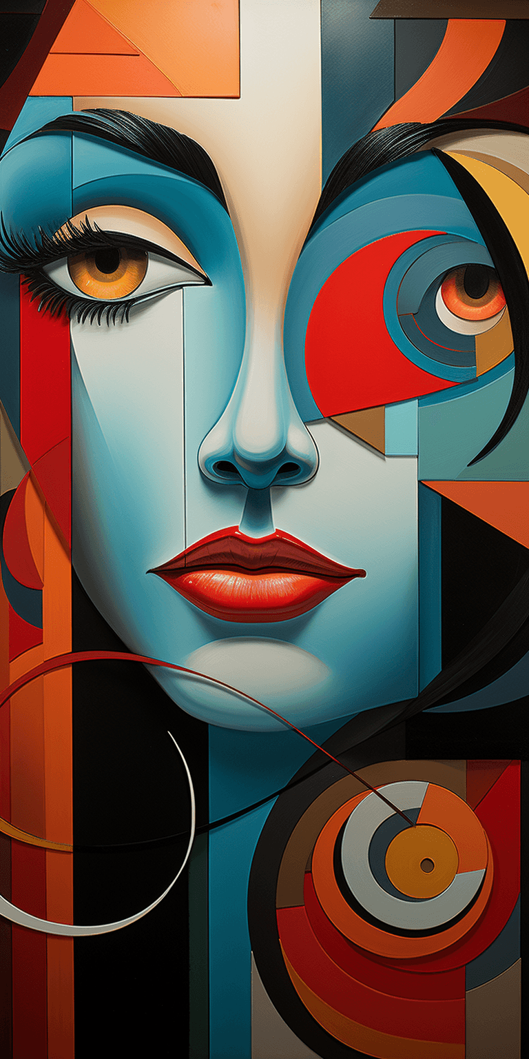 AI generated: woman's face, pablo picasso, cubism, vibrant colors --ar 1:2 --stylize 750 --v 5.2