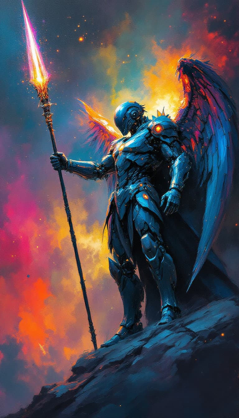 AI generated: Impressionist painting mechanical angel, dark atmosphere, wielding a magical spear . Loose brushwork...