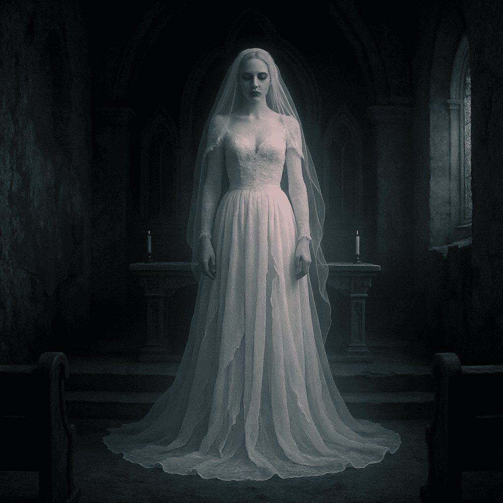 AI generated: A ghostly bride in a torn wedding dress, floating above an abandoned church altar, translucent and e...