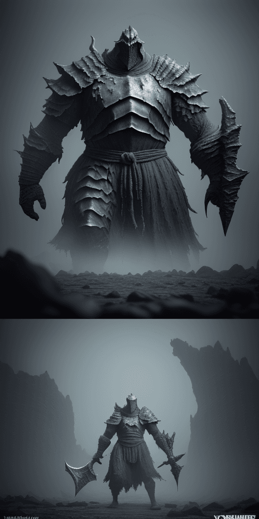 AI generated: an extraordinary 3D rendering featuring Yhorm the Giant from Dark Souls 3. Immerse Yhorm in a vast a...