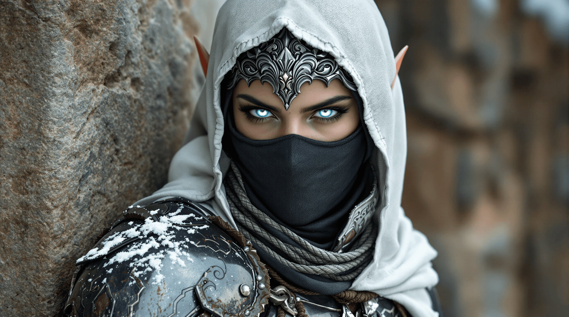 AI generated: female warrior, young adult, likely Middle Eastern, wearing intricate, dark-gray metal armor with br...