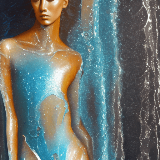 AI generated:  female body, oil melting, semi-transparent outfit, water patterns