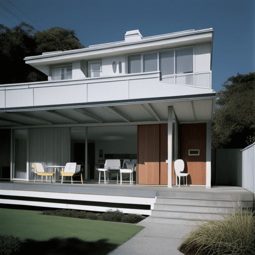 AI generated: Hyper realistic eye level exterior photo of a mid century modern style house overlooking the ocean, ...