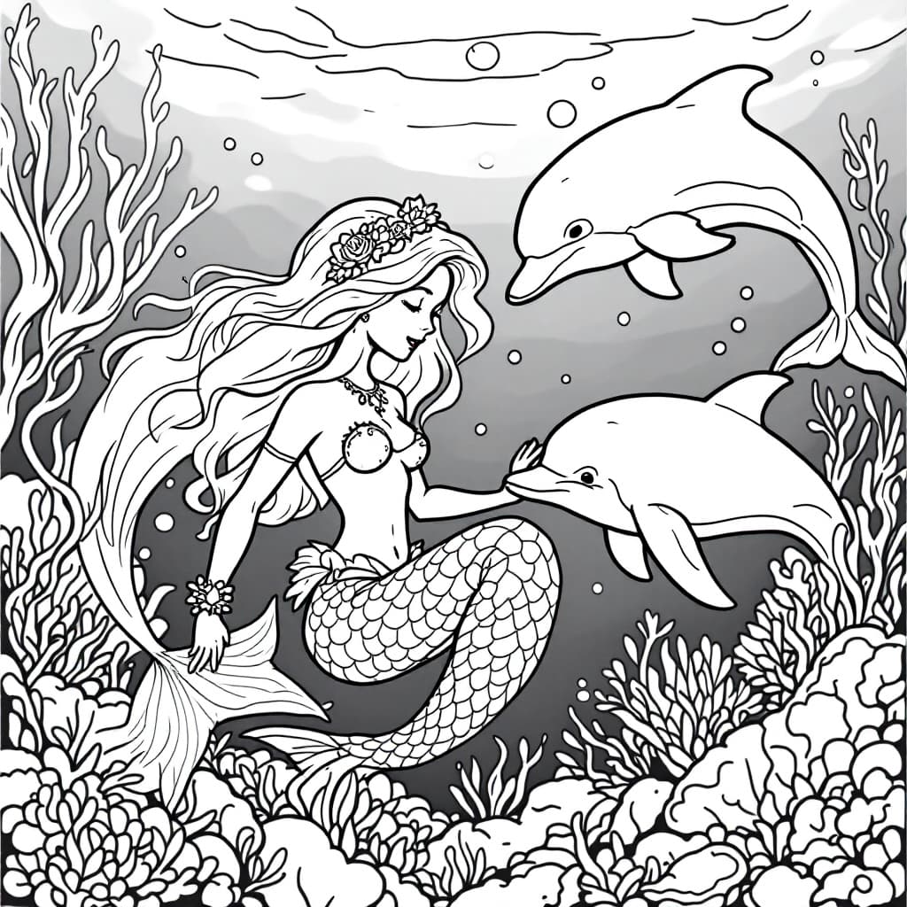 AI generated: Coloring book page, A mermaid playing with dolphins under the sea