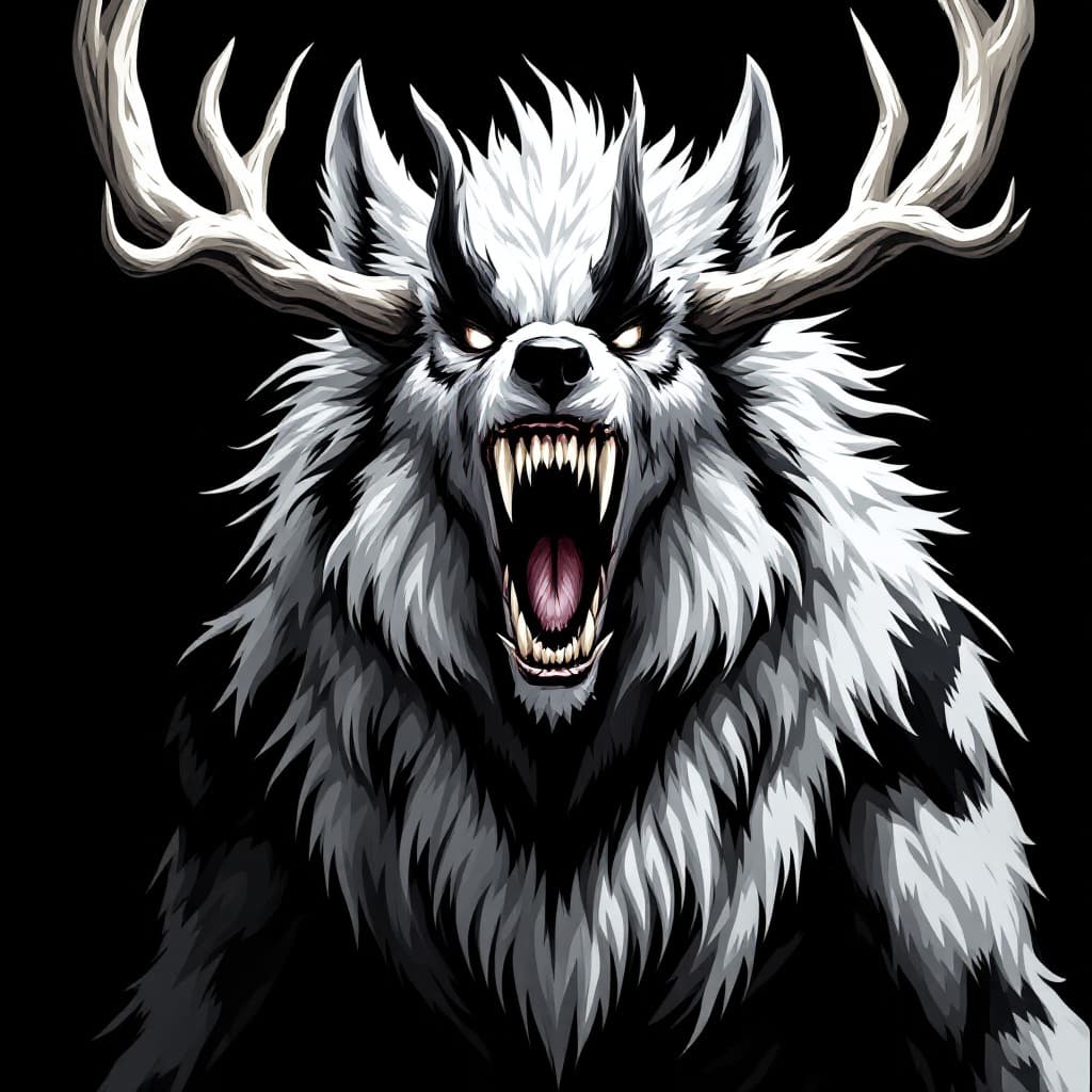 AI generated: wendigo wolf creature, influenced by modern manga drawings, anime stylized, antlers, monster, menaci...