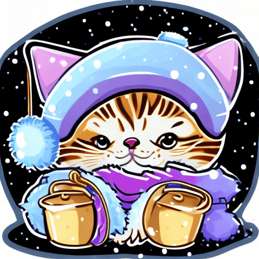 AI generated: cute baby cat with earmuffs in winter wonderland sticker in an easy vector style, happy, glowing lig...